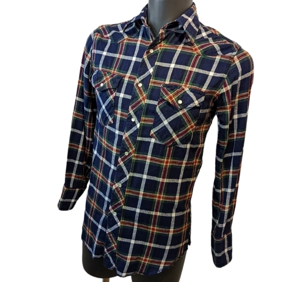WRANGLER navy blue plaid flannel western shirt NO SIZE TAG - Picture 3 of 6